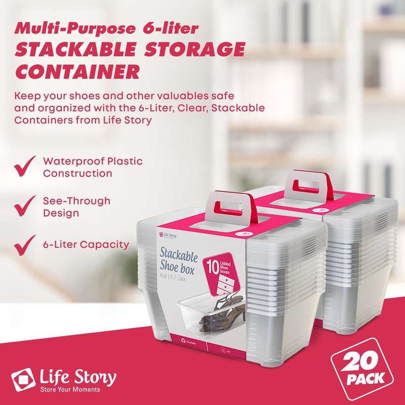 Life Story 10-Pack Plastic Storage Box, Stackable Shoe Organizer Tote