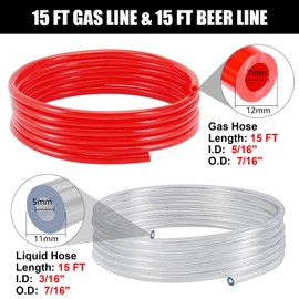 Beer Line Set of 2, 15Ft CO2 Line Gas Hose & Keg Beer Hose Clear PVC Beer Tubing Kegerator Replacement Kit Draft Beer Dispensing Hose with 8 Clamps Brewing Supplies for Home Keg