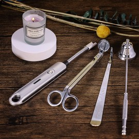 Lsnisni 4 in 1 Candle Accessory Set, Electric Candle Lighter Rechargeable, Candle Wick Cutter, Candle Snuffer and Wick Dipper, Steel Candle Wick Trimmer Set, Gifts for Candle Lovers - Silver