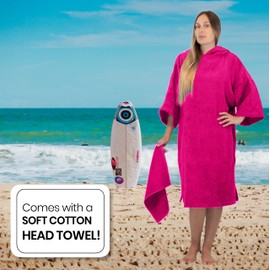ALLEN & MATE Hooded Towel Poncho for Adults 100% Terry Cotton Changing Robe with Hood & Pockets for Beach, Swimming (L-XL, Pink)