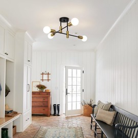 Ganeed Mid Century Sputnik Chandelier Industrial Semi Flush Mount Ceiling Light 4-Light Rustic Black Gold Sputnik Ceiling Light Fixture for Dining Room Bedroom Foyer