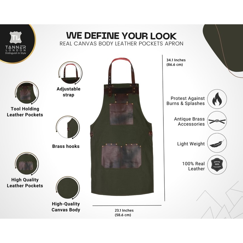 Canvas Apron with Leather Pockets & Holders – Chefs, Bakers,