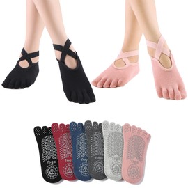 Amzbag 5 Toe Yoga Socks, 3D Anti-Slip, Pilates Socks, With Toes, Pilates Socks, Breathable, Antibacterial, Deodorizing, Quick Drying, No Fading, Sweat Protection, Fashionable, For Indoor Exercises, Dance, Ballet, Gym, One Size Fits All (Fits 8.7 - 9.8 inches (22 - 25 cm) (JP, Alphabet, Free Size, Black + Pink (Set of 2 Pairs)