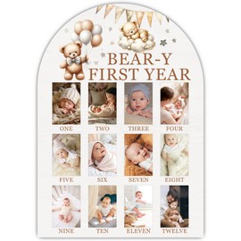 UIBOVA My First Year Photo Board, Bear-Y First Year Baby Milestone Signs for Boys Girls Nursery Decor, 12 Month Wooden Pictures Board for 2x3 Photos, Best Babies Keepsake Gifts-A04