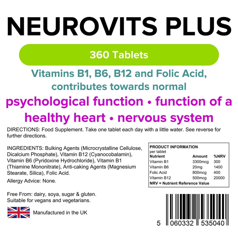 Lindens Neurovits Plus Tablets - 360 Pack - Contains Vitamin