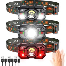 Rechargeable Headlamp Flashlight 3-Pack, 2000 Lumen Super Bright LED Headlight with Red Light, Motion Sensor for Adults Kid, Waterproof Lightweight Head Lamp for Outdoor Camping Running Hiking Fishing