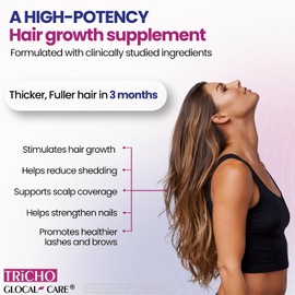 GlocalCare Tricho - Suplemento Para El Crecimiento Del Cabello, Bloqueador De Dht Con Palma Enana Americana, 5000 Mcg De Biotina Y L-Cisteína - Revitaliza El Cabello Debilitado, Estimula Los Folículos