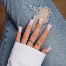 SXVME Light Pink Press On Nails Medium - Summer Press On Nails Short Duck Shape, Opaque Pastel Dusty Pink Square Fake Nails with Glue, Fit Perfectly, Reusable Soft Gel Stick on Nails for Women, 24 Pcs