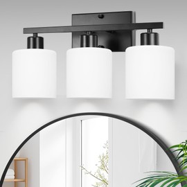 CANMEIJIA 3-Light Bathroom Vanity Light Fixtures, Matte Black Vanity Wall Scones Lighting for Bedroom Living Room, Modern Vanity Lights with Milky White Glass Shades, E26 Socket, Bulbs Not Included