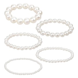 Siliget 5 Pcs Peal Bracelets for Women, Elastic White Pearl Bracelets Set Wedding Accessories, Faux Pearl Bracelets for Lady Party Jewelry Pearl Beaded Bracelets 5 Sizes (4/6/8/10/12mm)