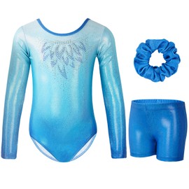 Gogokids Girls' 3-Piece Gymnastics Leotards, Long-Sleeved Gymnastics Set with Shorts and Headband, Glittering Ballet Uniform Jerseys - Gymnastics Outfit with Colour Gradient Design for 3-12 Years,