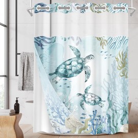 Nesphy No Hook Nautical Blue Sea Turtles Shower Curtain with Snap in Fabric Liner Set, Ocean Beach Double Layers Waterproof Fabric with See Through Top Window Open Grommet Bath Curtain 71x74 Inch