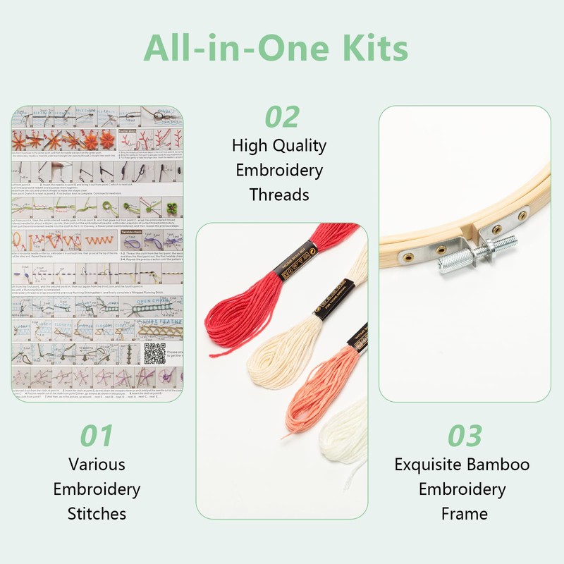 VINATO Kit Ricamo Principianti, Completo con 30 Punti, Telaio Bambù