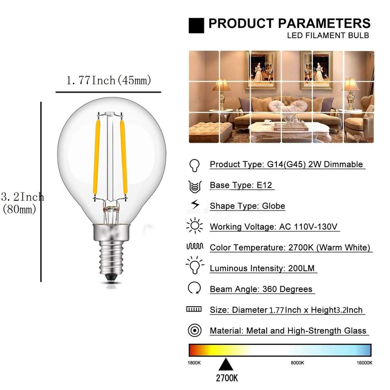 Lxcom Lighting G14 2W E12 LED Bulb G45 Globe Filament