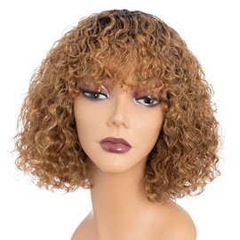 Rebecca Fashion #2/27 Ombre Honey Blonde Water Wave Bob Wig with Bangs Human Hair 10" Short Curly Bob Wig Human Hair Wigs for Black Women 150% Density Ultra Soft 100% Brazilian Remy Hair