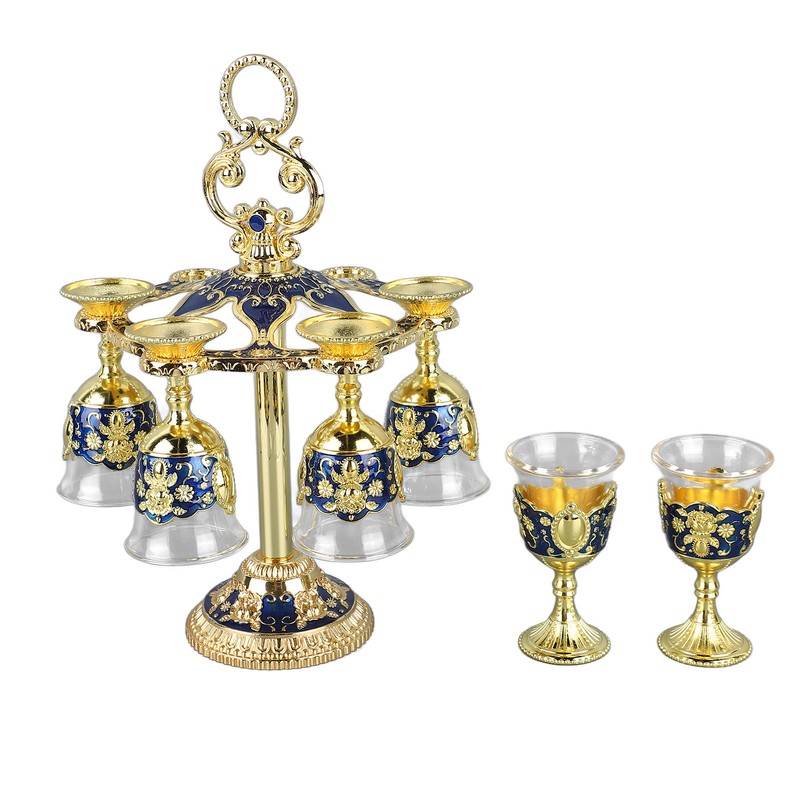 6Pcs Chinese Chalice Retro Style Zinc Alloy Glass Embossed Flower