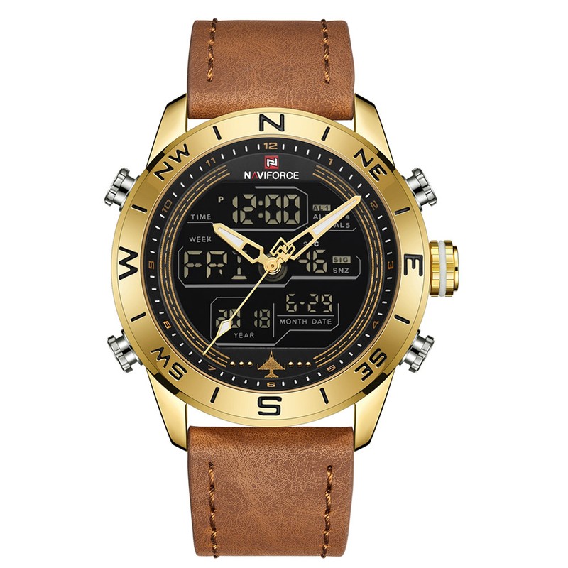 NAVIFORCE Male PU Band Quartz Electronic Watch Waterproof Sports Wristwatch(Gold)