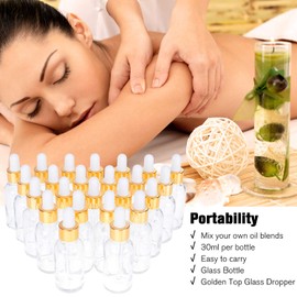 PrettyCare Glass Eye Dropper Bottles 24 Pack, 1oz (30ml) Clear Empty Thick Bottles Bulk with Leakproof Golden Caps - With Labels & Funnels for Storage, Travel, Essential Oils, Cuticle Oils, Tinctures