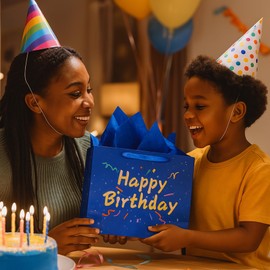 Febbleshow Blue Birthday Gift Bags with Tissue Paper - Matte Finish with Gold Foil Lettering and Confetti Design - Birthday Party Gift Bag for Men Women Kids - 13"x10.3"x4.7" (Pack of 2)