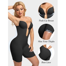 Decorus Backless Plunge Shapewear Bodysuits - Women Low Back Body Shaper ：Black Full Body Tummy Control Built in Bra With Plunge