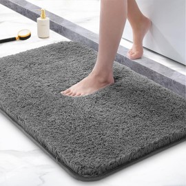 RUN HELIX Bathroom Mat 40x60cm, 0.8inch Fluffy Long Hair Non-slip Super-Absorbent Machine Microfibre Washable Bath Rugs for Bathroom Bathtub Floor, Grey