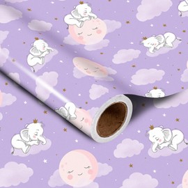 LeZakaa Birthday Wrapping Paper Roll - Cute Little Elephant Purple Design for Birthday, Baby Shower for Boy, Girl, Kids - 17 inches x 32.8 Feet (46.45 sq.ft.)
