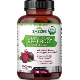 Zazzee Naturals USDA Organic Extra Strength Beet Root 20:1 Extract 8000 mg Strength 120 Capsules