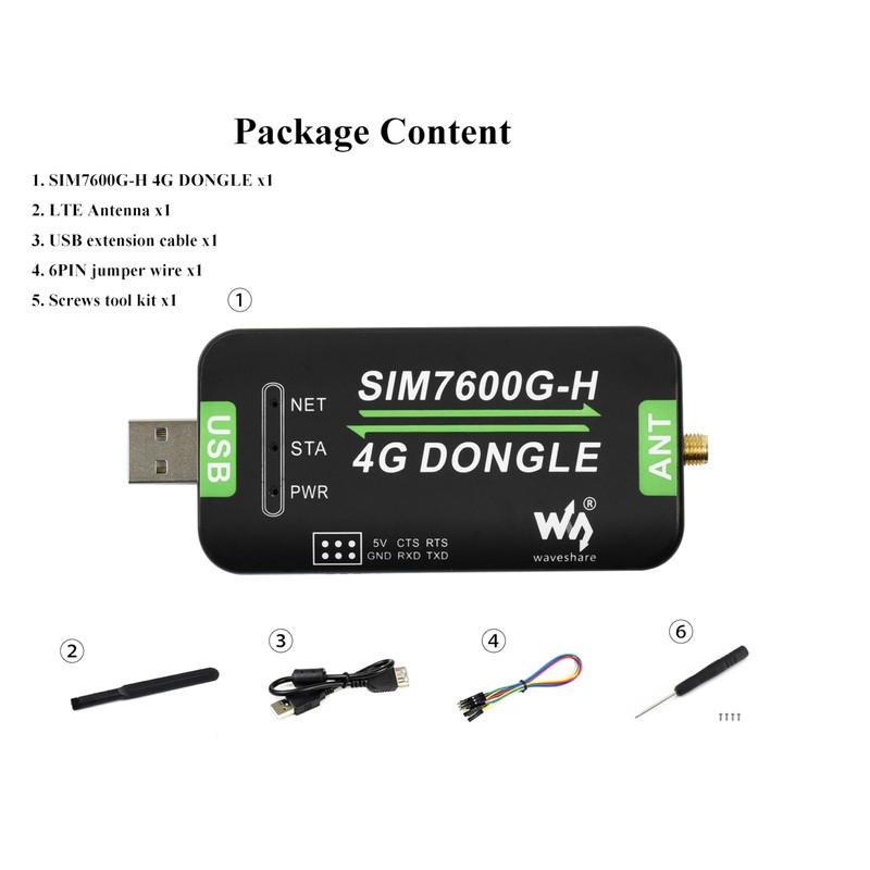 SIM7600G-H - DONGLE 4G con antena, grado industrial 4G USB/UART,