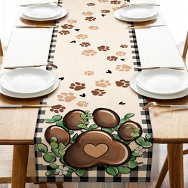 Croar Cat Dog Paw Prints Table Runner, Buffalo Plaid Check Farmhouse Kitchen Dining Table Decoration Pet Lover Gifts, Eucalyptus Leaves Burlap Indoor Outdoor Home Decor Party Supply 13 x 72 Inches