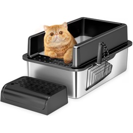 Enclosed Stainless Steel Cat Litter Box with Lid, Metal Litter Box for Big Cats, High Sided Litter Box Extra Large Easy to Clean, Never Absorbs Odors, Anti-Urine Leakage(Black, 24 * 16 * 12IN)