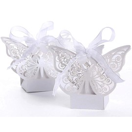 50 Pcs Butterfly Laser Cut Favor Boxes DIY Wedding Birthday Gift Candy Boxes with Ribbons (White)