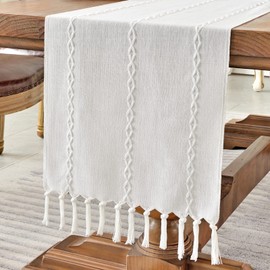 Wracra Cotton Linen Table Runner Farmhouse Style White Table Runner 230cm with Hand-tassels for Party, Dining Room Decorations Dessert Table Decor(White, 230cm)