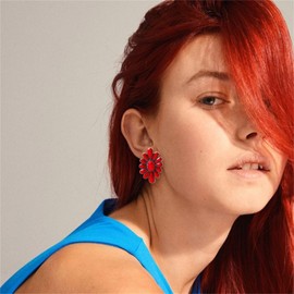 QLYOVWE Bohemian Turquoise Statement Jewelry Set for Women Vintage Natural Turquoise Geometric Flower Stud Earrings Western Cowgirl Silver Engraved Cuff Bracelet Boho Ethnic Gift (Red)