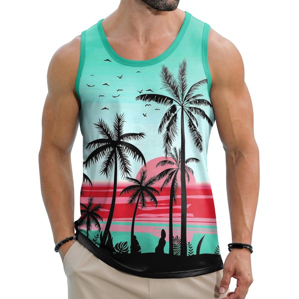 Babioboa Men Funky Hawaiian Tank Top Tropical Floral Beach Shirt