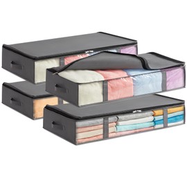 Lifewit 75L Underbed Storage Bins, 4 Pack, Foldable Clothes Storage Bags with Clear Front Window, Wardrobe Organiser and Storage for Towels, Clothes, Blankets, Grey