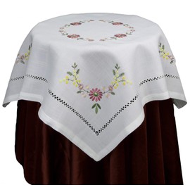 Creative Linens Hemstitched Embroidered Daisy Flower Tablecloth 34" Square Table Topper White