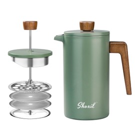 French Press Coffee Maker, 34oz Stainless Steel Green Coffee Press Real Wood Handle, Double Wall Insulated French Coffee Press with Dual-Filter Screen, Perfect for Camping & Kitchen Use