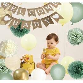 Welcome Baby Shower Decorations - Sage Green Beige Baby Gender Reveal Party Balloons Decor with Pre-strung Burlap Sign Banner Wall Hanging Supplies (Soft yellow + Sage + Gold)