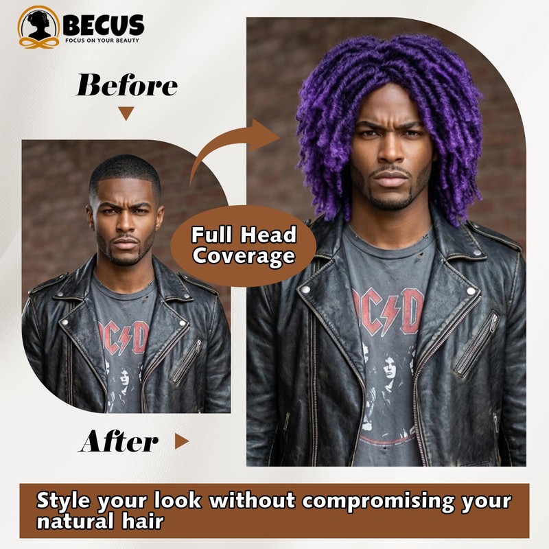 Mens Purple Dreadlock Wig 12" Short Locs Wig for Cosplay