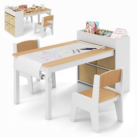 Costzon Costzon Kids Table and Chairs, 3 in 1 Wooden Art Drawing Table with 2 Chairs, 4 Fabric Bins, Multiple Open Storage Compartments & a Paper Roll, Toddler Table and Chair Set (Natural)