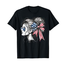American Woman With Sunglasses And Hairy Bun USA Ribbon T-Shirt