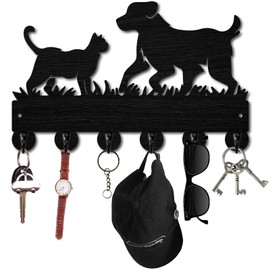 CREATCABIN Black Cat Key Holder for Wall, Dog Key Hanger, Wall Mounted Key Hooks, Wooden Key Holder, Key Organiser Rack, Wall Decoration, Hooks for Front Door, Hallway, 30 x 20 cm