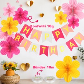 Paper Fan Decoration, Pink Paper Flowers, Hanging Party Decoration, Birthday Decoration, Girls, Summer Party, Birthday Decoration, Wedding, Tea Party Table Decoration (Pink + Yellow)