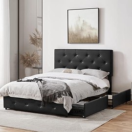 Yaheetech Upholstered Bed Frame with 4 Storage Drawers and Adjustable Headboard, Faux Leather Platform Bed Frame with Mattress Foundation, Strong Wooden Slats Support, No Box Spring Needed, Black-Full