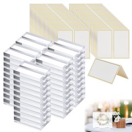 50 Pcs Acrylic Place Card Holders and 50 Pcs Place Cards with Gold Foil Border,1.2 Inch Name Card Holder Stands Clear Table Number Sign Holders for Table Wedding Photos Party Office Menu Meeting