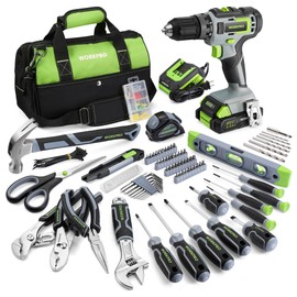 WORKPRO Home Tool Set with 20V Cordless Lithium-Ion Drill Driver, Household Repairing Tool Kit with Drill, 157PCS Power Drill Sets, 14-Inch Wide Mouth Storage Tool Bag, Green