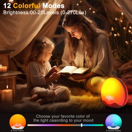 Light Alarm Clock, Daylight Alarm Clock, Wake Up Light, Sunrise Sunset Simulation Alarm Clock, FM Radio, 5 Nature Sounds, 2 Alarms, Snooze, 12 Colour Light, 20 Brightness, Bedside Lamp for Children