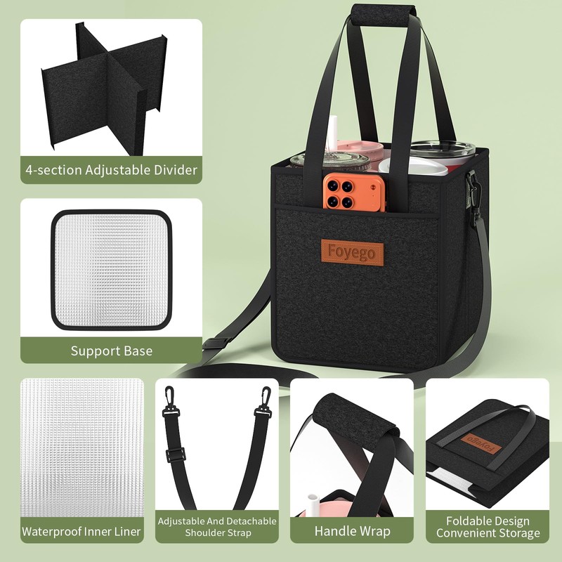 Foyego Drink Carrier Bag with Handle and Strap, 4 Compartment,