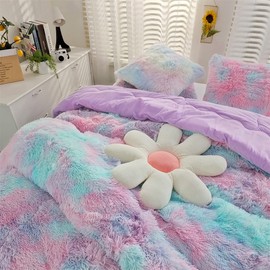 Roscloud Faux Fur Kids Girls Purple Rainbow Comforter Sets King - 3PC Bed Set Warm Comfortable Soft Plush Flannel Velvet Fluffy Fuzzy Bedding（Comforter x 1 Pillowcases x 2）