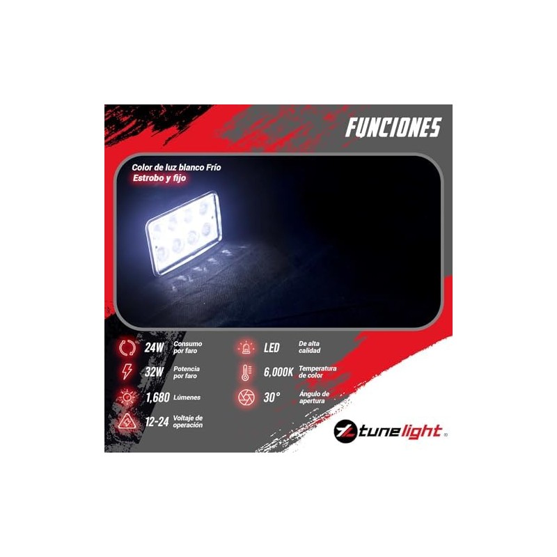 2 Faros Rectangulares con 8 Leds 32 Watts Luz Blanca